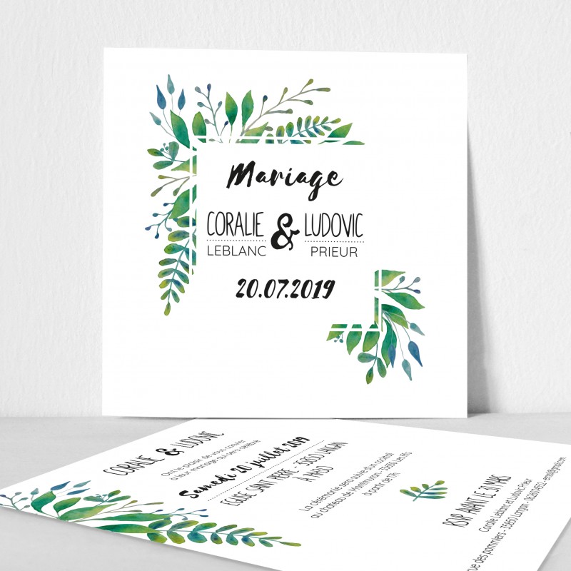 faire-part mariage feuilles vertes aquarelle