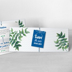 faire-part mariage pois bleu feuille verte aquarelle