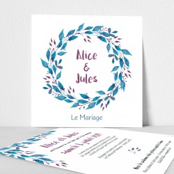 faire-part mariage feuilles bleues aquarelle