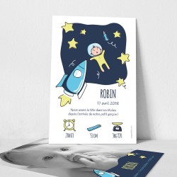 Faire part naissance illustration originale astronaute fusée