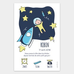 Faire-part naissance garçon illustré étoile espace bleu jaune