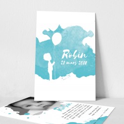 Faire part naissance aquarelle silhouette petit garçon ballons