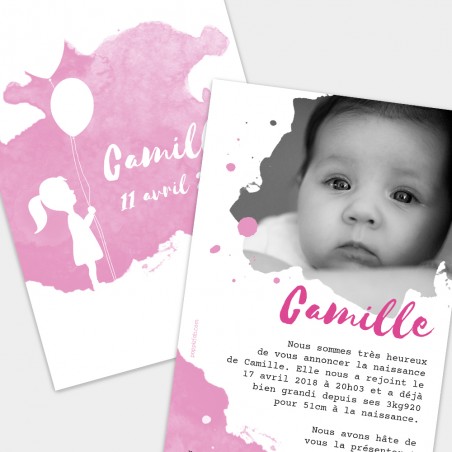 Faire-part naissance original aquarelle silhouette petite fille