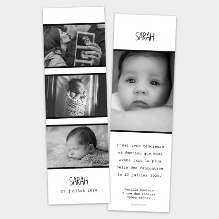 Faire-part naissance marque page photo moderne noir blanc