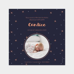 faire part naissance avec photo ronde sur fond sombre