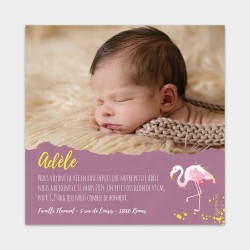 Faire part naissance original flamant rose mauve jaune fille photo