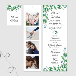 Faire part mariage 3 carton format marque page photo feuillage aquarelle